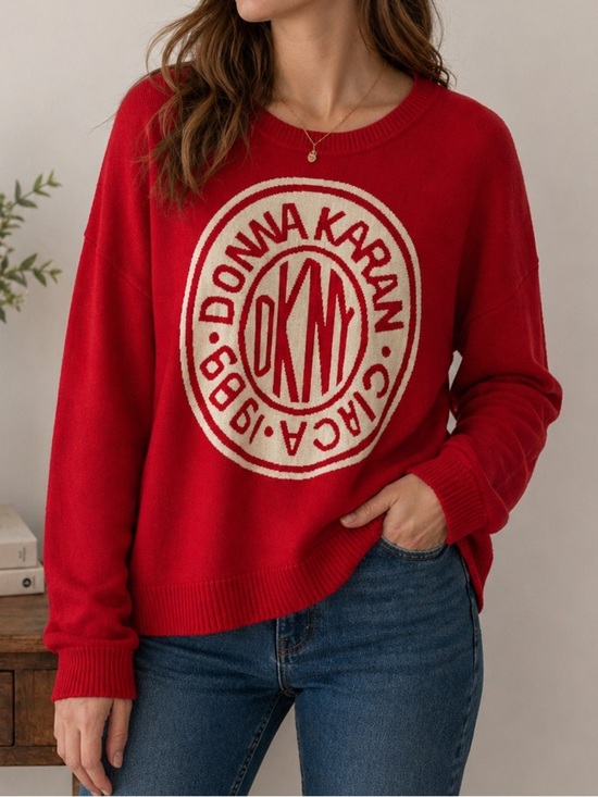 Dkny Sweaters - DKNY Red Logo Sweater Large Graphic Knit Crewneck